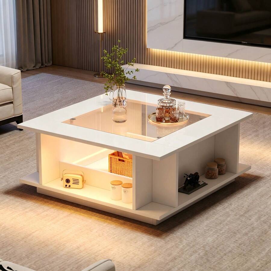 Simple Square Coffee Table / Scandinavian Style / Load Capacity: 30 Kg / With LED Lighting / Transparent Glass Tabletop / For Beauty Salons, Bar / 70x70x30 Cm - White - View 1
