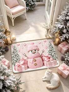 1pc Pink Knitted Snowman Christmas Doormat, Christmas Gift, Door Mat, Small Rug, Welcome Mat, Carpet, Floor Mat, Outdoor Doormat, Kitchen Rug, Home Decor, Front Door Mat, Area Rug, Outdoor Mat - Multicolor - View 4