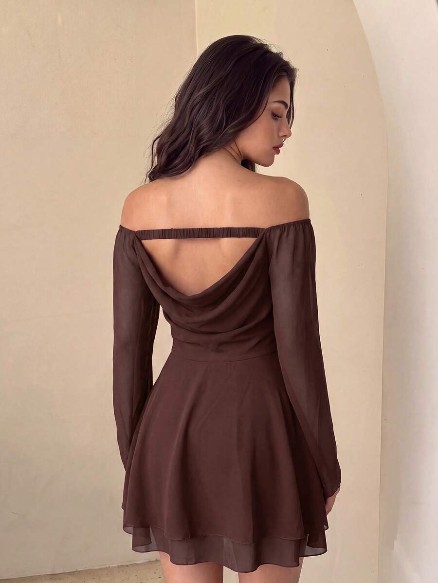 Elegant Off-Shoulder Backless Chiffon Mini Dress - Long Sleeve A-Line Party Dress For Party Date Night Out Vacation Fall Going Out - Brown - View 1