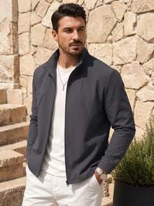 Men's Autumn Minimalist Thin Fashion Casual Raglan Sleeve Solid Color Stand Collar Jacket - Grey - View 1