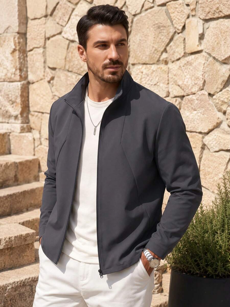 Men's Autumn Minimalist Thin Fashion Casual Raglan Sleeve Solid Color Stand Collar Jacket - Grey - View 1