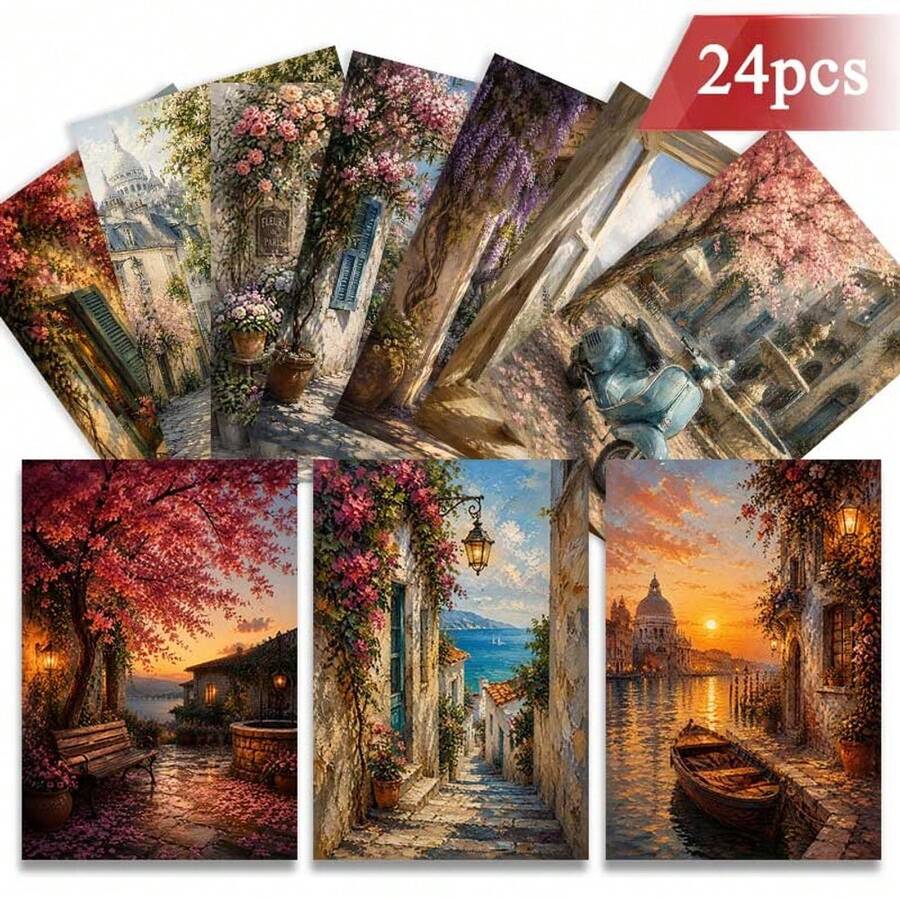 24pcs+A Red Envelope Romantic Holiday Postcards, Exquisite Landscape Patterns With Blessing Text, Suitable For Friends, Seasonal Greetings, Artistic Oil Painting Style - Sets - View 1