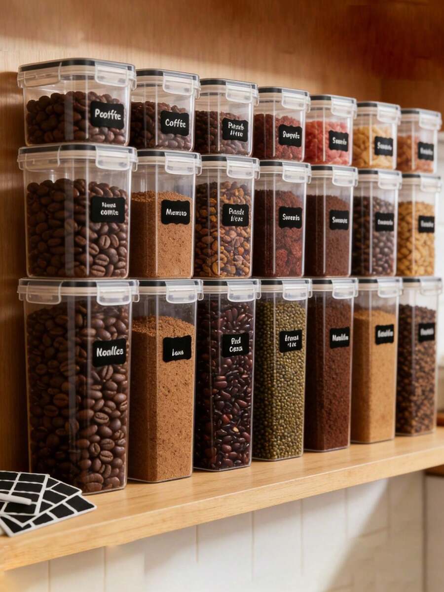 Juego de 30/42 piezas de recipientes herméticos para almacenar alimentos con tapas y etiquetas, botes transparentes para organizar la despensa, frascos de cocina apilables para pasta, cereales, harina, café y aperitivos - Ver 1