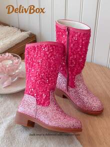 Rose Red Full Sequin Glitter Girls Mid-Calf Boots, Convenient Side Zipper Chunky Heel Princess Boots, Birthday Party Stage Performance Shoes - Rose Red - View 5