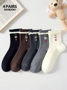 4 Pairs Women's Cute Sweet Breathable Bear Bow Cherry Pattern Short Socks, White Black Casual Comfortable Mid-Calf Socks, School Style Student Socks Gift, Random Color, Suitable For Daily Wear, Spring Summer Autumn Winter All Seasons - Multicolor - View 11