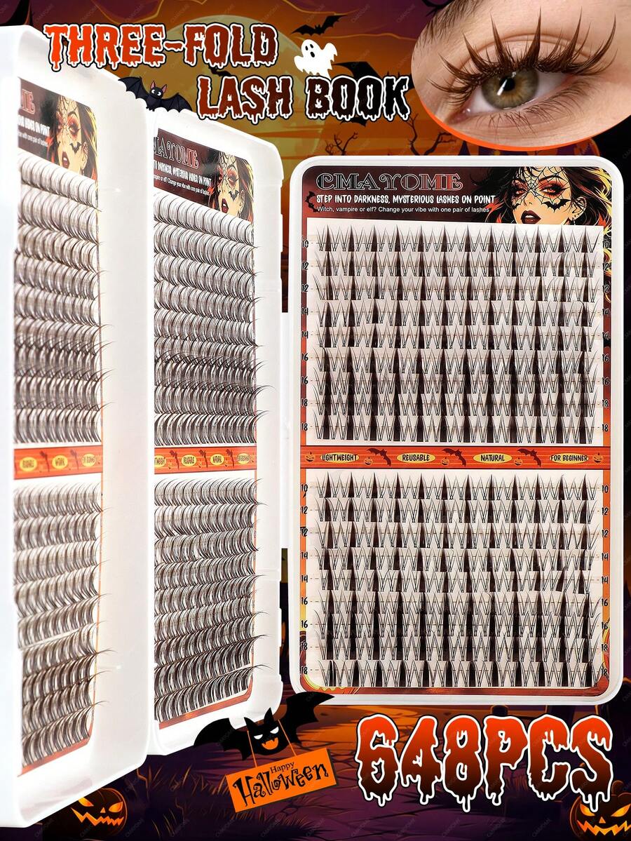 Halloween Style 648 Curling False Lashes, C-Shaped Lashes, Maple Leaf Style, Comic Style Lashes, 9-16mm Lash Bundles, Soft Texture, Paired With Segmented Lash Extender Strip, Suitable For DIY Fox Eye Makeup. Cat Eye Lashes
