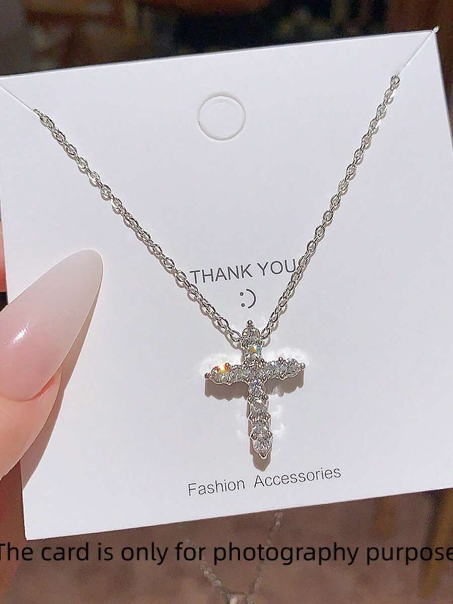 1 Piece Of Fashionable Cross Necklace With Feminine Temperament, Light Luxury, Niche High-End Feeling, Collarbone Chain Can Be Used As A Gift - Silver - View 1