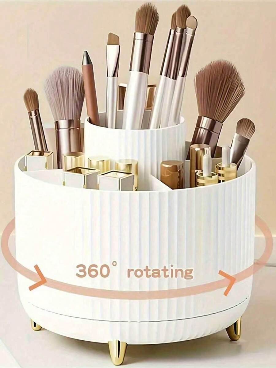 1pc Rotating Desktop Makeup Organizer, Stationery Storage Box, Pen Holder, Cosmetic Display Rack, Multi-Functional Makeup Brush Storage Bucket, Skincare Storage Box, Plastic Makeup Brush Organizer - Multicolor - View 1