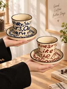 Set Cangkir dan Piring Kecil Kopi Keramik Cetak Huruf Underglaze, Set Mug dan Piring Artistik Warna Krem untuk Espresso Latte Teh Susu, Hadiah Sarapan Teh Sore Rumah Kantor - MultiWarna - View 6