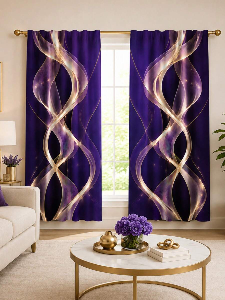 2pcs, Polyester Material, Deep Purple Dreamy Gold Curved Pattern Printed, Light Filtering Curtains, Suitable For Bedroom, Living Room, Office And Home Decor, Rod Pocket Design, Suitable For Rod Installation - Multicolor - View 1