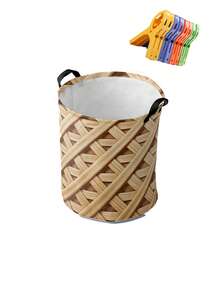 Bohemian Style Striped Collapsible Laundry Basket With Laundry Clips, Breathable Fabric Dirty Clothes Bin, Blanket Clips, Suitable For Bathroom And Bedroom, Home Storage And Organization Box - Multicolor - View 12