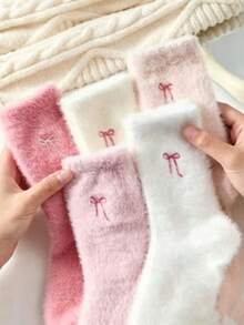 15/10/5/3/1 Pairs Bow Pattern Fuzzy Over-The-Knee Socks For Women, Warm And Soft, Suitable For Autumn/Winter, Also An Ideal Gift. Women's Autumn Socks, Fuzzy Socks, Autumn, Winter, Christmas, Halloween Special Offer, Long Socks - Multicolor - View 1