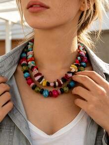 OABE 2pcs/Set Bohemian Style Dopamine Colorful Asymmetrical Shaped Beaded Necklace Layered Design Suitable For Women Daily Wear, Bead Color And Shape Random - Colorful - View 8