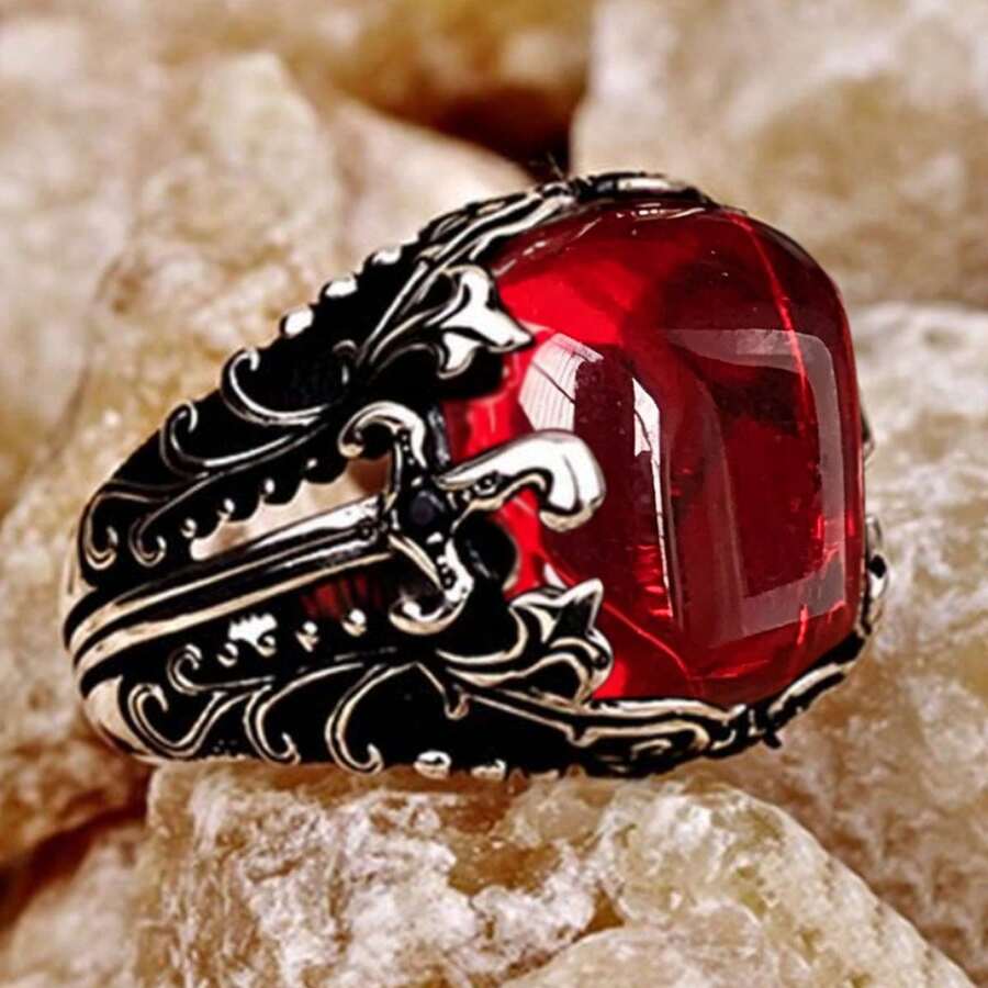 Vintage Carved Large Red Ruby Men's Ring, Hip Hop Bold Personalized Men's Accessory, Halloween Christmas Gift - Multicolor - View 1