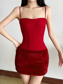 Top Dazzle Christmas Elegant Red Spaghetti Strap Short Slim Fit Knit Backless Mini Dress - Red - View 2