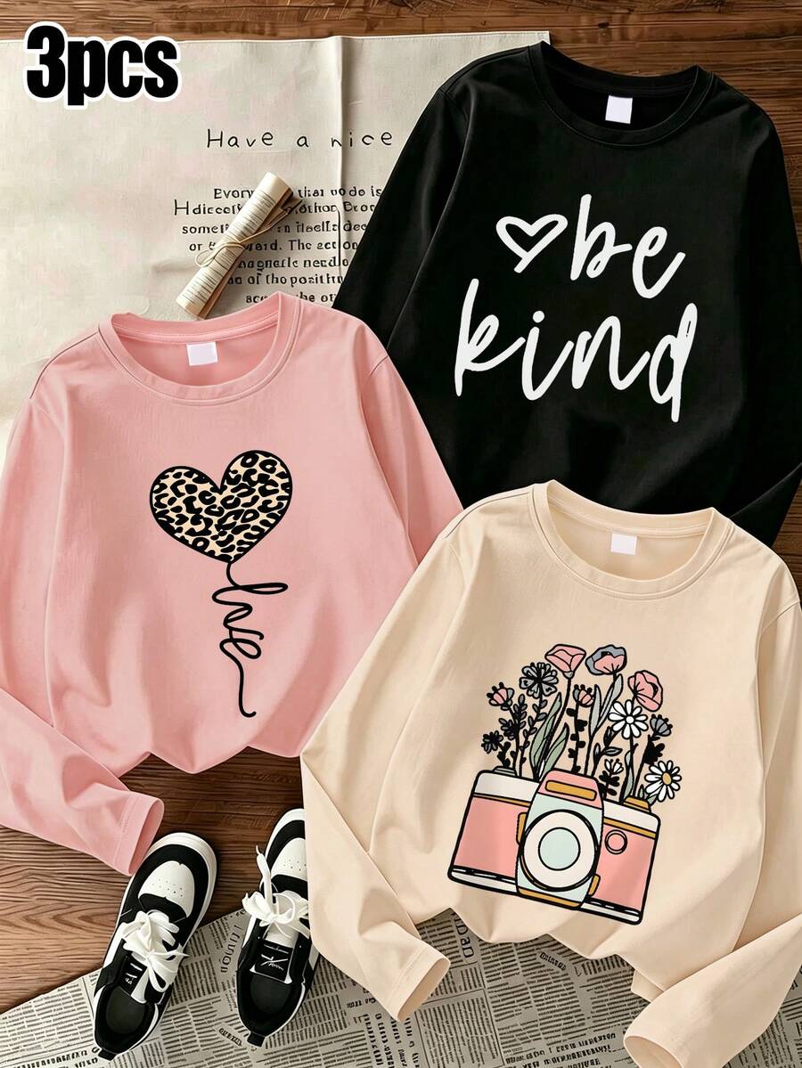 3pcs/Set Sweet Toddler Girls Long Sleeve T-Shirts, Heart Leopard Print Daisy Butterfly Print Crew Neck T-Shirt Set, Spring/Autumn - Multicolor - View 1