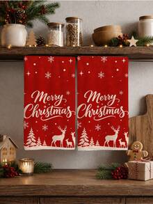 2pcs Christmas Simple Red Forest Reindeer Illustration Merry Christmas Pattern Kitchen Towels, Soft Polyester Material Dish Cloths, Suitable For Kitchen Decor, Kitchen Cleaning, Holiday Party Decoration, Kitchen Bathroom Supplies Home Essentials, Home Decor, Housewarming Gift - Multicolor - View 1