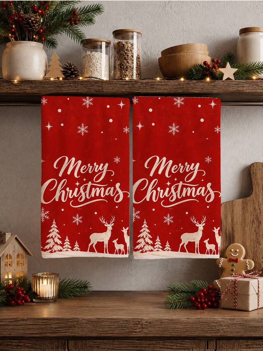2pcs Christmas Simple Red Forest Reindeer Illustration Merry Christmas Pattern Kitchen Towels, Soft Polyester Material Dish Cloths, Suitable For Kitchen Decor, Kitchen Cleaning, Holiday Party Decoration, Kitchen Bathroom Supplies Home Essentials, Home Decor, Housewarming Gift - Multicolor - View 1