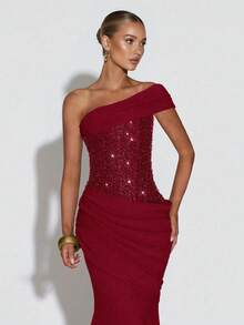 Shiny Patchwork Elegant Party Ruffle Asymmetrical Shoulder Dress, Suitable For Evening Date, Formal Dinner - Red - View 4