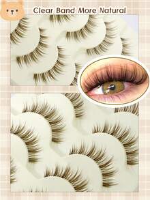 5 Pairs Brown Natural Long Fluffy Curly 3D Transparent Stem Faux Eyelashes, Comfortable Lightweight One-Piece Soft Fiber Korean Style Sweet Big Eye Lashes - Brown - View 5