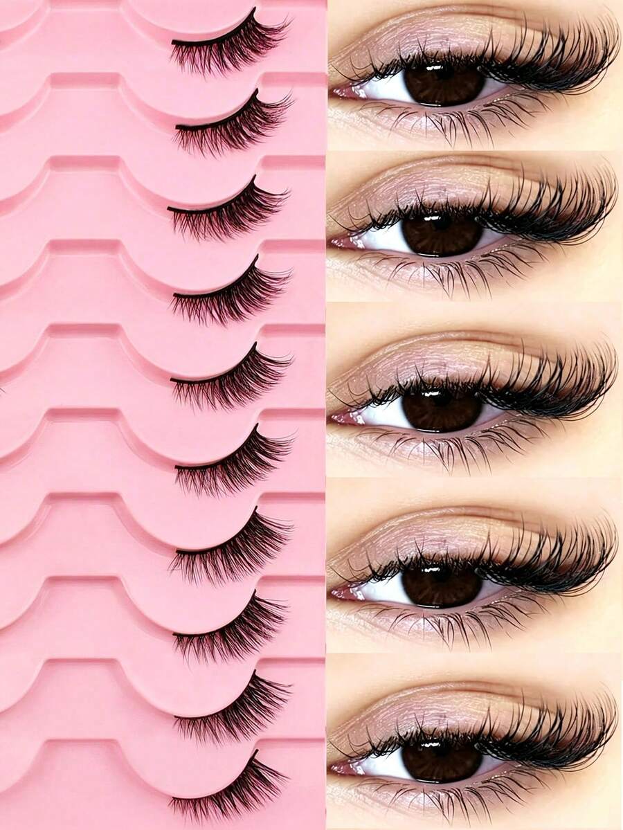 10 Pairs Natural Wispy Short False Eyelashes, Cat Eye Makeup Effect, Reusable Eyelash Extensions, 3/4 Lashes