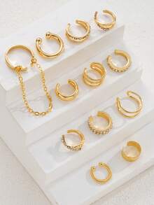 Random Style 24/18pcs Simple Fashion Metal Geometric Multi-Element Ear Clips & Earrings Set, Women Couples Sisters Vacation Date Gift Daily Casual Party Wedding Holiday Matching, Gift For Mom And Friends - Yellow Gold - View 9