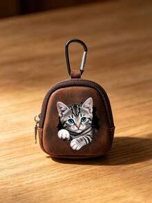 Cute Cat Print Mini PU Leather Earphone Storage Bag, Portable Zipper Coin Purse With Carabiner Clip, Keychain Pouch, Small Accessory Organizer - Multicolor - View 11