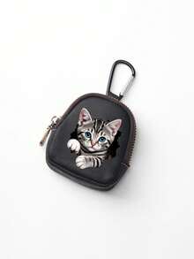 Cute Cat Print Mini PU Leather Earphone Storage Bag, Portable Zipper Coin Purse With Carabiner Clip, Keychain Pouch, Small Accessory Organizer - Multicolor - View 14