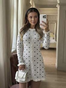 Women's Autumn Set, Elegant Polka Dot Multicolor Long Sleeve Round Neck Ruffle Hem Sweater Dress, Suitable For Outings And Birthday Wear - Multicolor - View 2