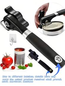 1pc Stainless Steel Manual Can Opener, Multi-Function Side-Cut Design, Smooth Edges, Ergonomic With Large Knob And Non-Slip Comfortable Handle, Bottle Opener, Hanging Storage, Sturdy Construction, Kitchen Gadget - Black - View 13