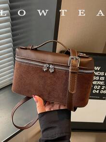 low tea 1pc Box-Shaped Suede Fabric Handbag With Adjustable Shoulder Strap, Suitable For Commuting, Shopping And More - Coffee - View 12