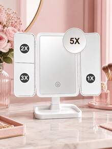 LED Tri-Fold Makeup Mirror With 2X/3X Magnification And 5X Suction Cup Mirror, 3 Lighting Modes, Tri-Fold Makeup Mirror, Tabletop Makeup Mirror, Rechargeable Touch Screen Brightness Adjustment, Ideal Holiday Gift - Multicolor - View 2