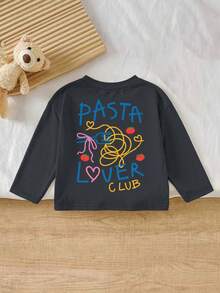 1件女嬰可愛長袖T恤，「PASTA LOVER CLUB」印花，柔軟面料，休閒風格 - 深灰色 - 查看 4