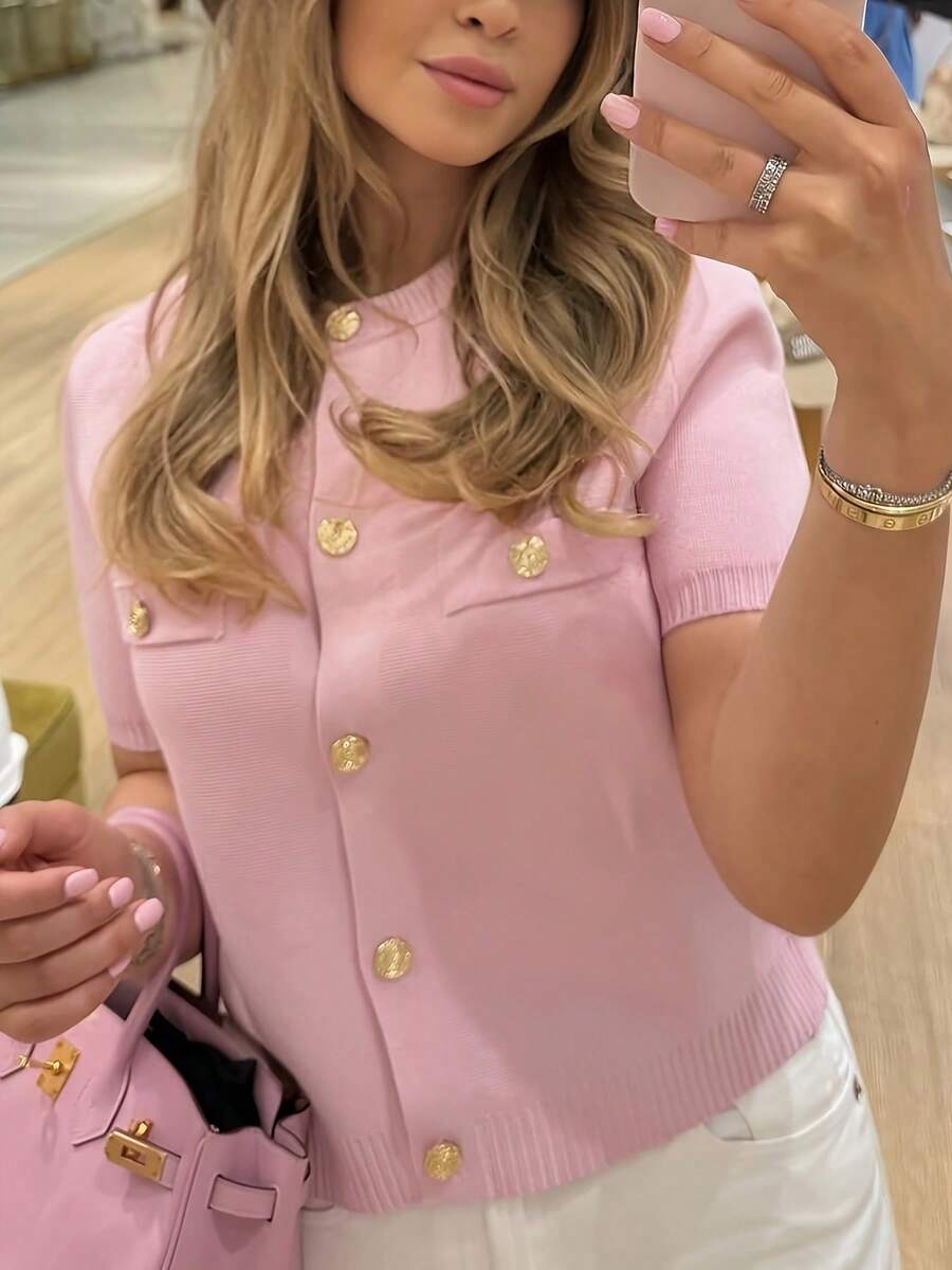Top de manga corta de punto elegante y de moda para mujer, para verano y otoño, ropa casual para calle y oficina, color rosa - Rosa Roja - Ver 1