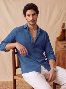 glestore Men's Retro-Style Old-Money Casual Solid-Colour Simple Textured Striped Long-Sleeved Shirt, Fashionable And Versatile. - Navy Blue - View 4