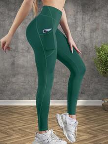 1PC Sports Yoga Leggings With 9-Inch Pocket Patchwork Design, Suitable For Fitness, Workout, Outdoor Walking - Green - View 5
