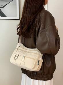 Tas Selempang Wanita Kasual Warna Polos Baru dari Nilon dengan Banyak Lapisan - Tas Serbaguna untuk Komuter dengan Banyak Kantong, Warna Beige - Krem - View 6