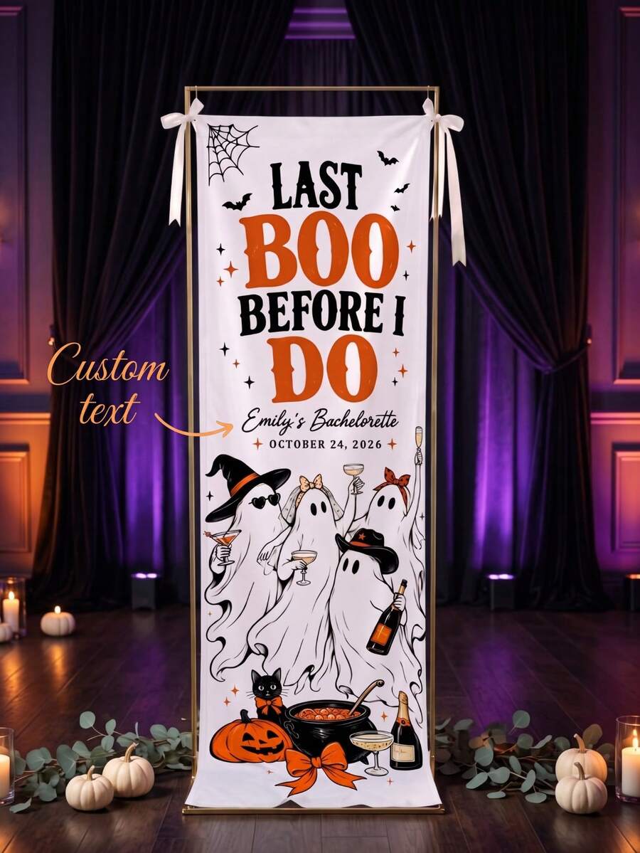 1pc Custom Text Last Boo Before I Do Banner,Spooky Ghost Pumpkin Halloween Bachelorette Party Backdrop,Personalized Halloween Bridal Shower Sign Decor - Multicolor - View 1