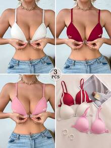 3pcs/Set Multi-Color Front Closure Wireless Bra Set, With Fixed Pads, Detachable Straps, Cross Back Women's Lingerie, Suitable For A-C Cup - Multicolor - View 2