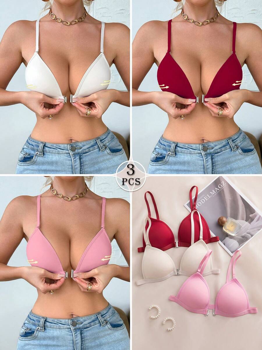 3pcs/Set Multi-Color Front Closure Wireless Bra Set, With Fixed Pads, Detachable Straps, Cross Back Women's Lingerie, Suitable For A-C Cup - Multicolor - View 1