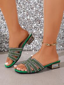 Women's Rhinestone Braided One-Strap Square Heel Open Toe Slippers, Shiny Crystal Embellished Party Evening Wear Slides - Green - View 2