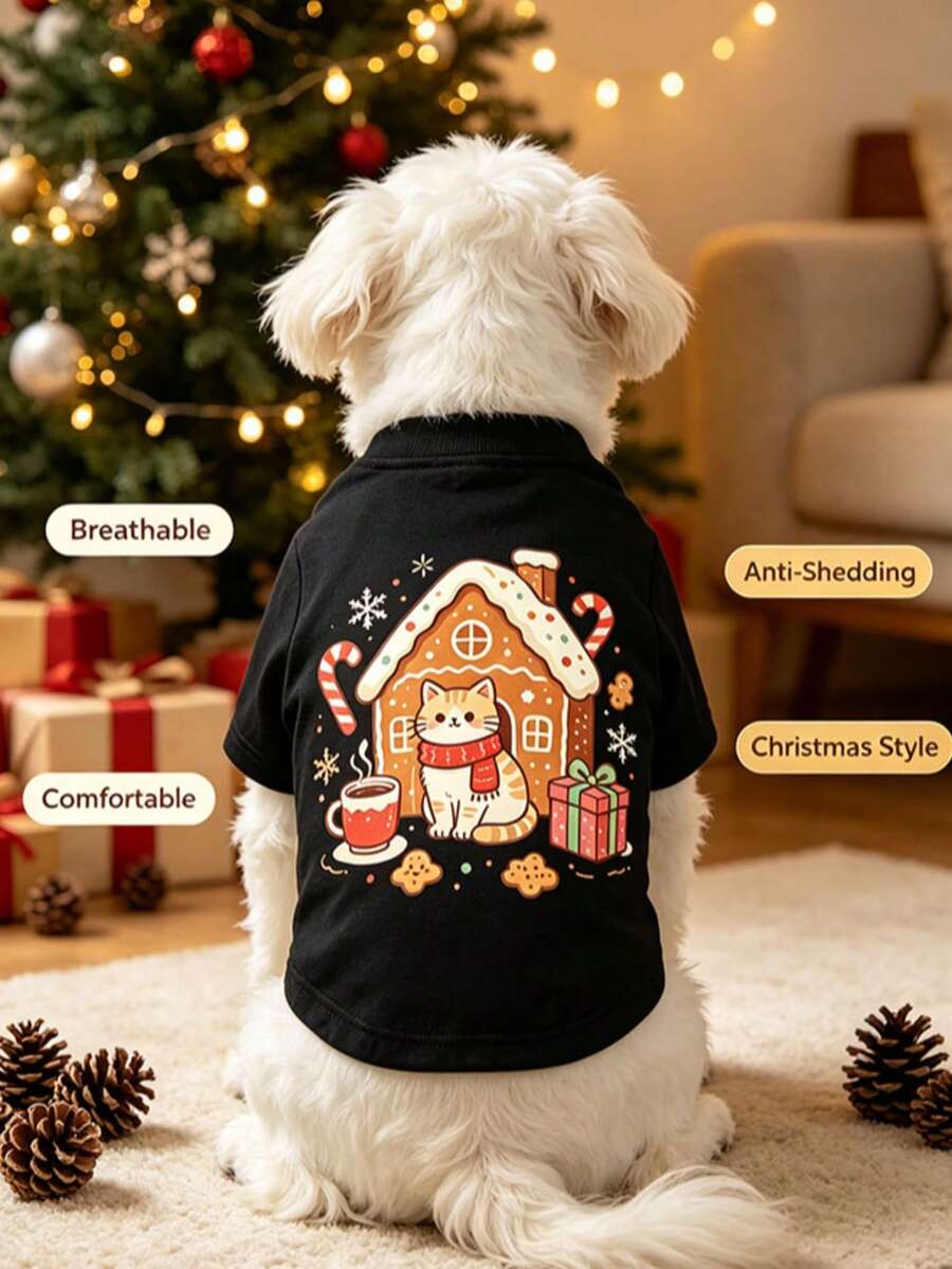 1pc Christmas Print Breathable Anti‑Shedding Pet Tank Vest, Lightweight Comfortable Clothes For Small Dogs & Cats - Multicolor - View 1