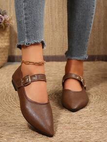 French Vintage Brown Pointed Toe Buckle Flat Ballet Shoes For Women, Soft Low Vamp Commuter Shoes - Brown - View 3