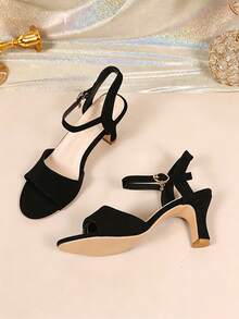 1 Pair Women's Black High Heel Sandals, Suede PU Fabric, Adjustable Buckle Strap, Rhinestone Pendant Decor, Minimalist Party Style, Suitable For Daily Wear, Office Commute, Parties And Events - Black - View 4