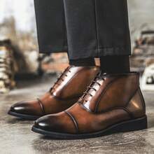 Autumn Winter Men's Luxury Genuine Leather Chelsea Boots Ankle High Grade Slip-On Buckle Strap Wingtip Brown Basic Shoes - Brown - View 4