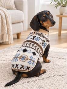 1PC Reversible Mini Dachshund Dog Coat , Fair Isle & Plaid Print Double Sided Sausage Dog Jacket, Slight Stretch Soft Warm Winter Wiener Dog Clothes For Mini And Standard Dackel Teckel Dogs - Beige - View 6