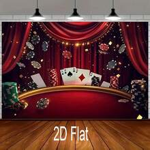 2D Plane Single Banner, Night Theme Background Cloth, Including Playing Cards, Red Curtains, Colorful Lighting And Wooden Floor Patterns, Suitable For Indoor And Outdoor Scenes Without Power Supply, Suitable For Room Decoration Banner Background. - 1 - View 4