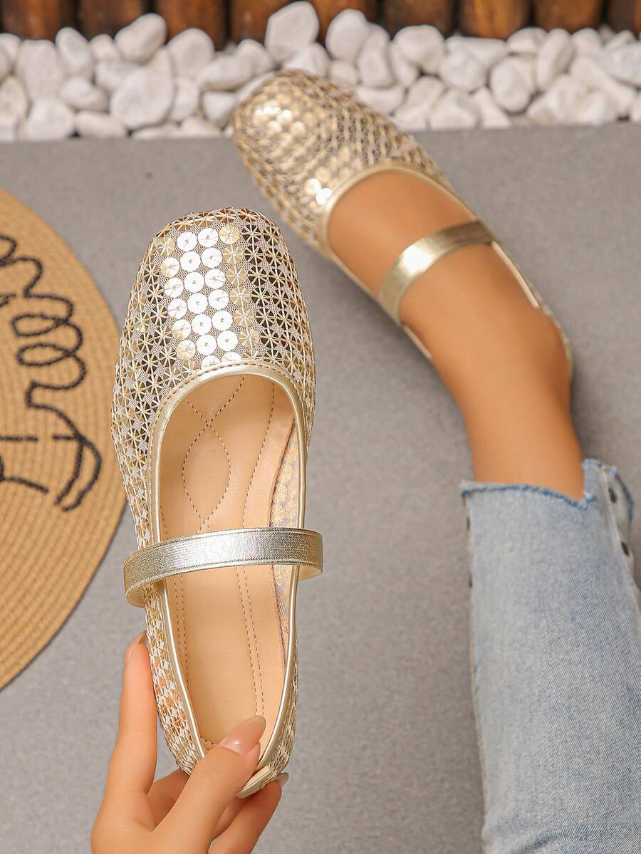 XfxfA Women's Sequin/Mesh Mary Jane Flat Shoes With Elastic Strap, Easy To Put On And Take Off, Suitable For Daily Casual/Shopping/Commuting Wear - Gold - View 1
