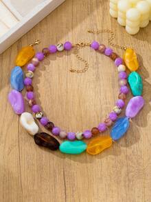 OABE 2pcs/Set Bohemian Style Handmade Mixed Color Asymmetric Beaded Necklace With Round Beads, Suitable For Women's Daily Wear, Random Bead Colors - Multicolor - View 5
