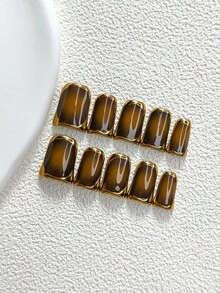 秋季 10 件組復古風手工穿戴甲 Polygel 美甲套組 金邊棕色指甲油 復古成熟風 3 種尺寸可選 杏仁甲 鴨嘴甲 棺材甲 適用派對、舞蹈、日常穿戴（手工細節可能有所不同） - 彩色 - 查看 17